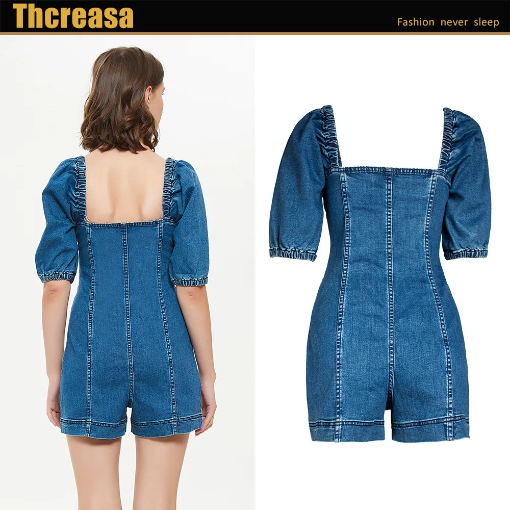 
Sexy Waist Tight Square Collar Short Sleeve One Piece Jumpsuit Jeans 