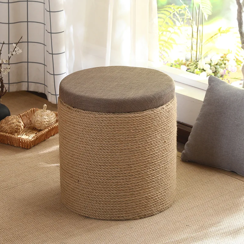 Household Linen Rope Stool Change Shoe Double Purpose Solid Wood Storage Stool Footrest Square Round Bench