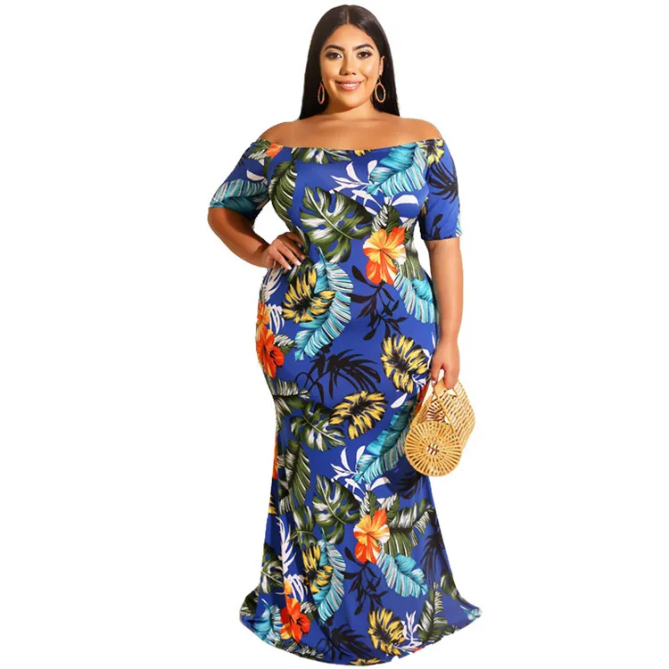 2022 New Arrivals Spring Fall Hawaiian Style Dresses Floral Printed Layered Ruffle Long Dress Off Shoulder Women Plus Size