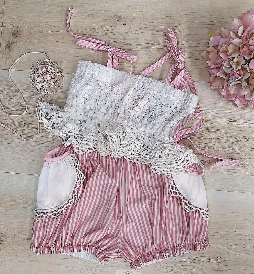 
Girl Sweet Summer Outfit Baby White Lace Ruffle Tops & Striped Bloomers 2pcs Sets 