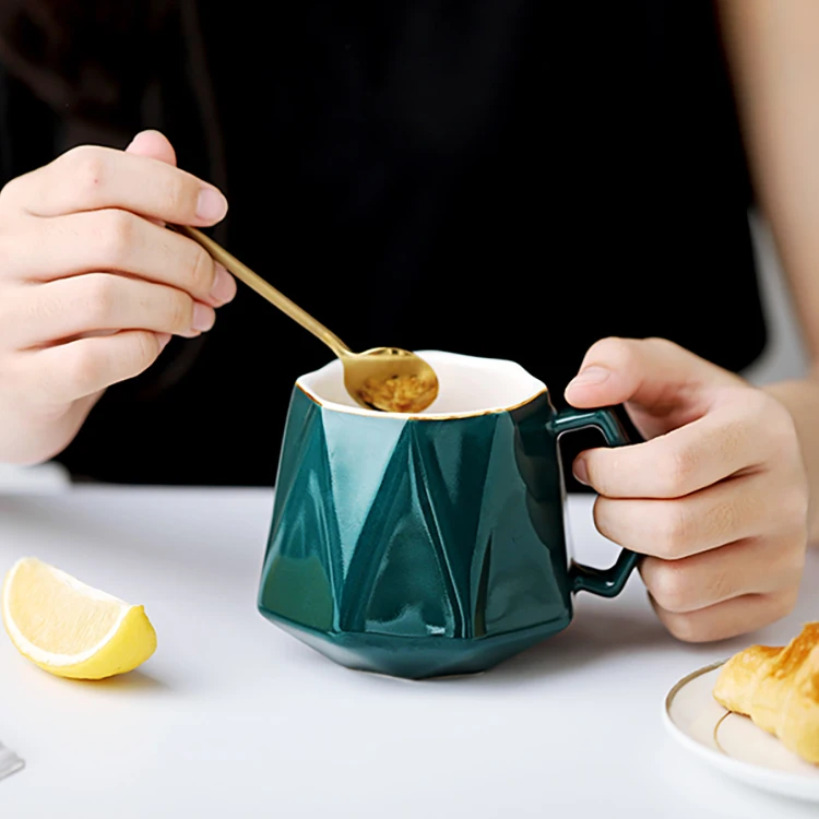 European style simple design rhombus dark green luxury ceramic milk coffee cups with golden rim