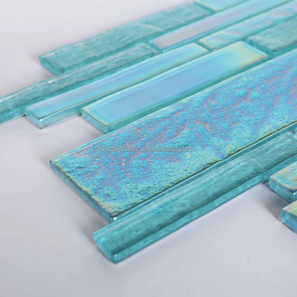 Iridescent Aqua Green Crystal Strip Glass Mosaic Backsplash Tile Swimming Pool Mosaic Tile