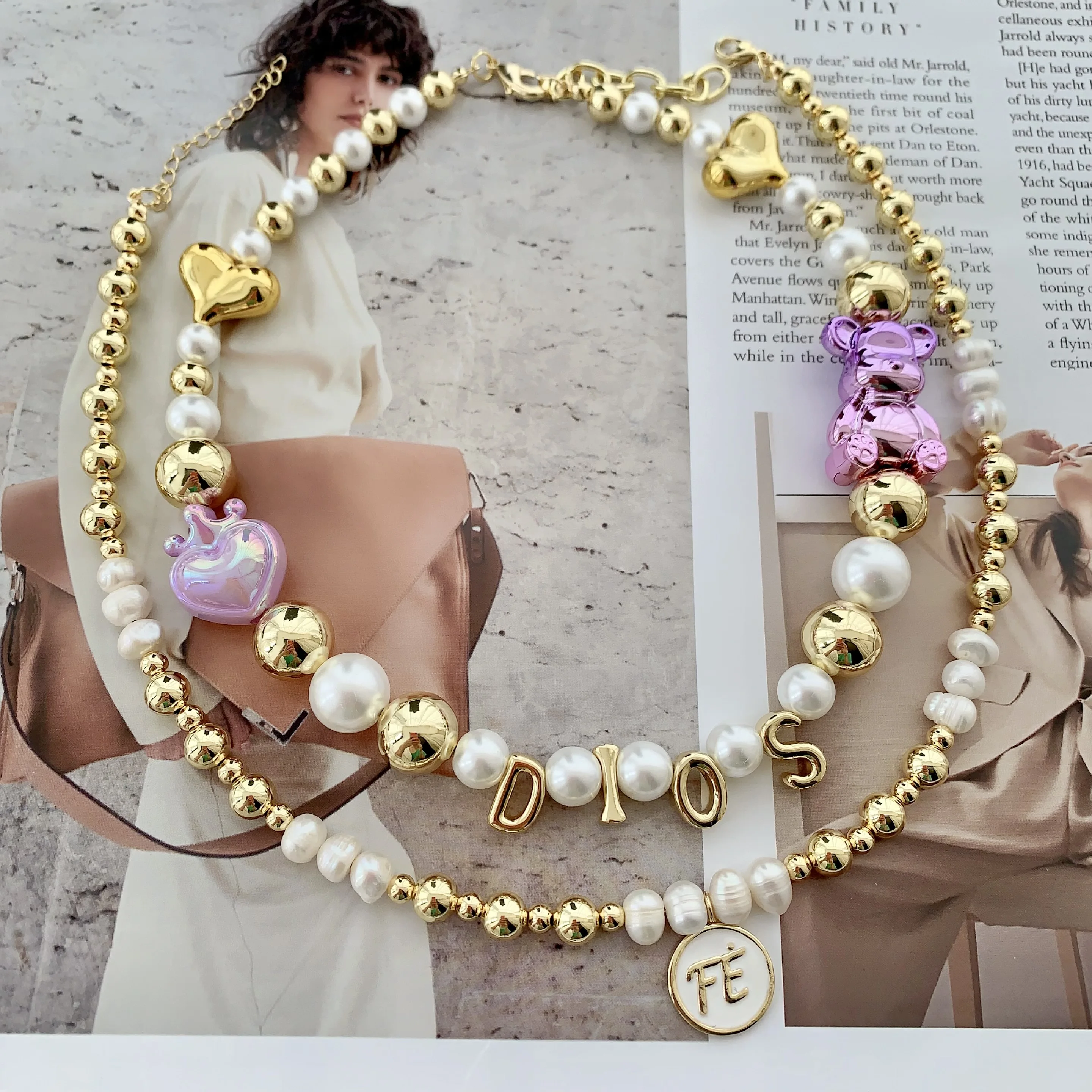 LS-L3617 Gorgeous enamel Fe necklaces God religious Dios necklace women men resin charms freshwater pearl necklace