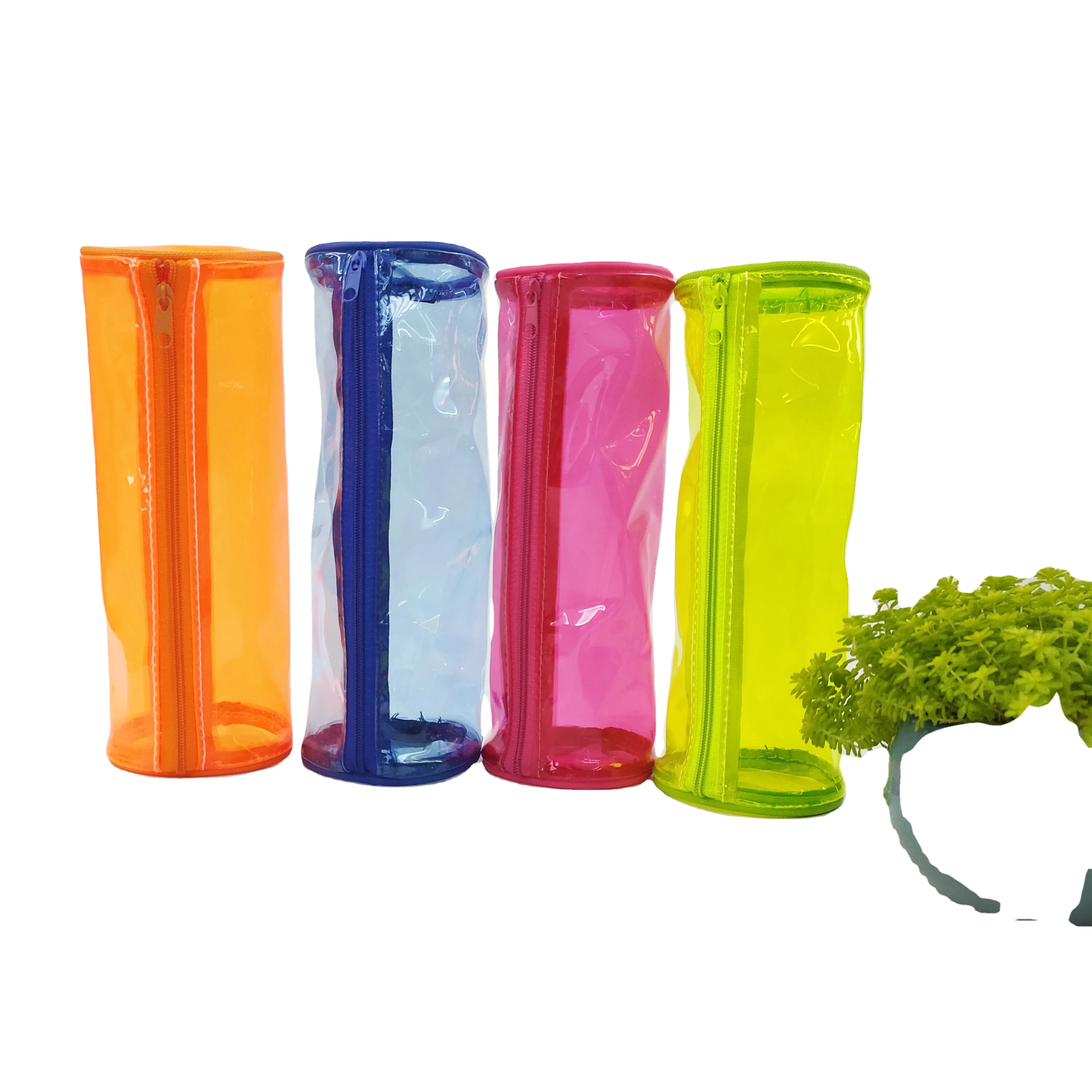 Cylinder Shape Waterproof Clear Candy Color Stationery Pencil PVC Pen Pouch Box Zipper Pencil PVC case