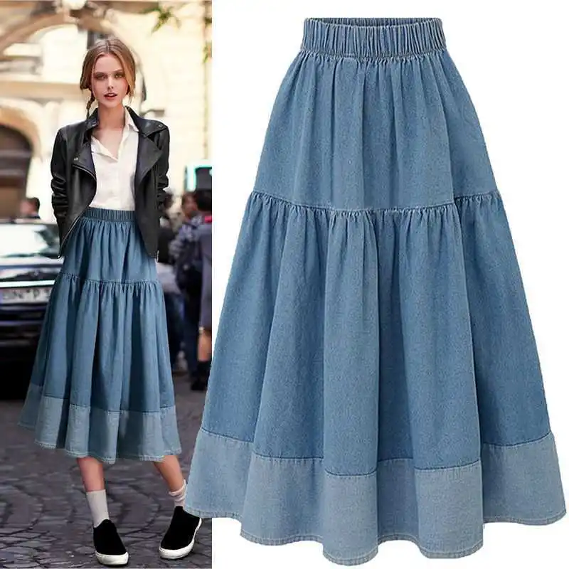 Elegant casual high waist women pleated A line midi length Skirt patchwork elastic Ladies denim skirts