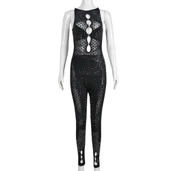 Wholesale new arrivals 2022 ladies o neck hollow out patchwork rhinestone flash mesh see through sexy jumpsuit