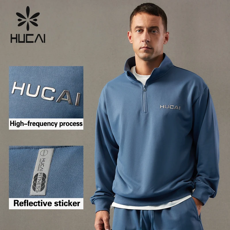HUCAI OEM custom logo manufacturers 100% polyester heavyweight 3D high-frequency zip neck sports gym sweatshirt hoodies