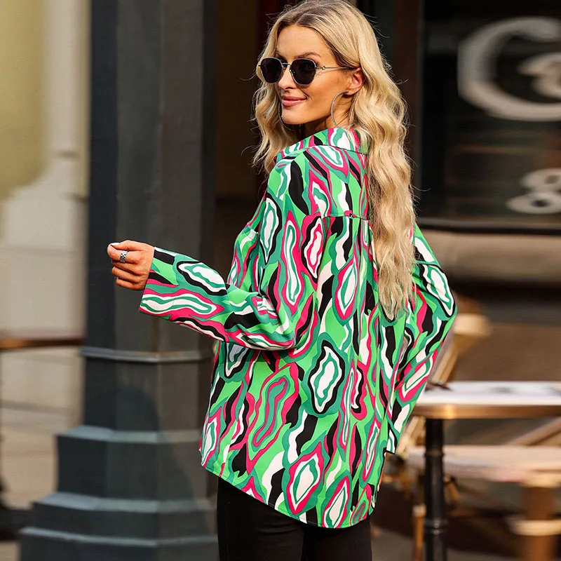 Dear-Lover Western Fashion Woman Abstract Print Roll-tab Sleeve Chest Pocket Shirt Ladies Tops