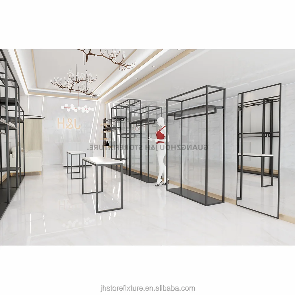 Fashion beauty store interior designed fixtures black custom women clothing display rack equipment shoes table stand