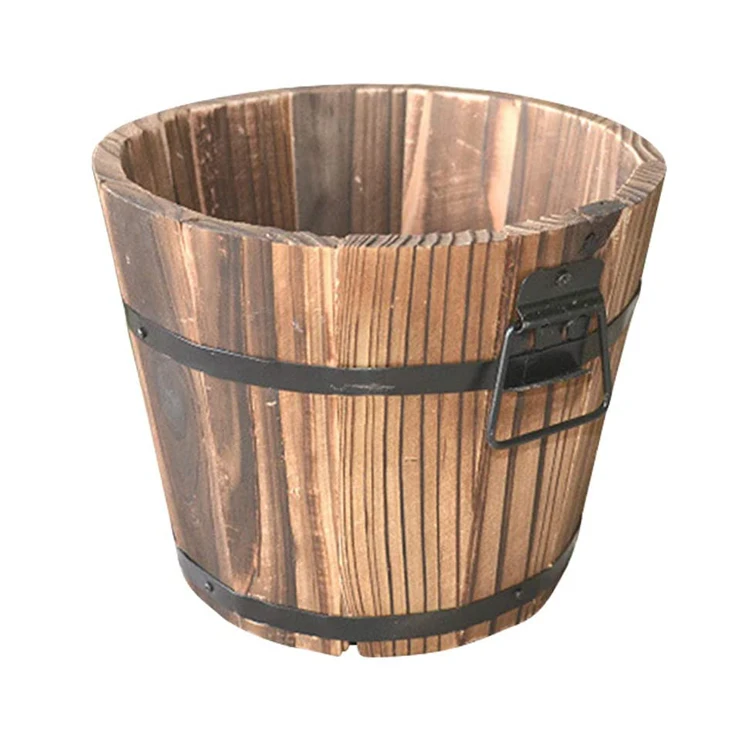 Round Wooden Garden Flower Pot Decor Plant Container Box Whiskey Barrel Planter