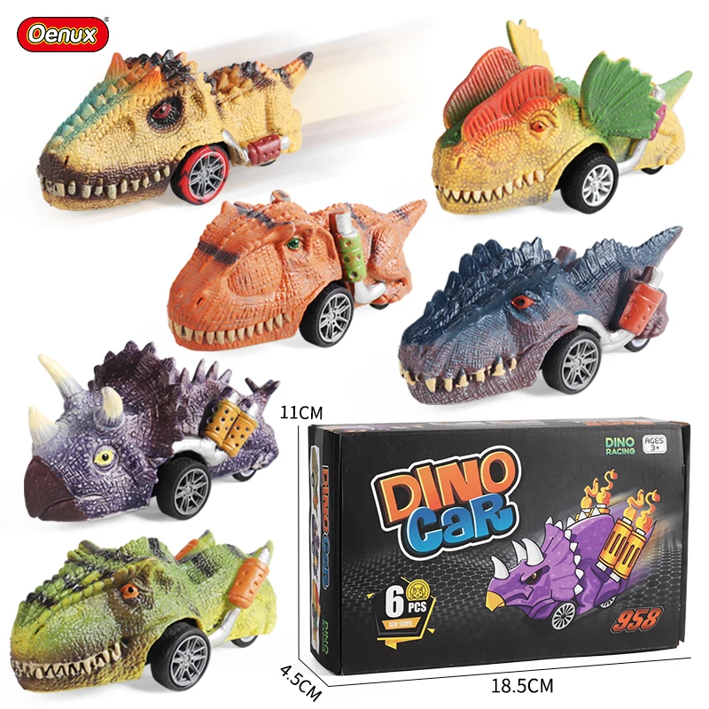 Oenux Wholesale Jurassic Dinosaurs Model Pull Back Car Toy Mini Triceratops T-Rex Animals Game Vehicles Kids Birthday Gift