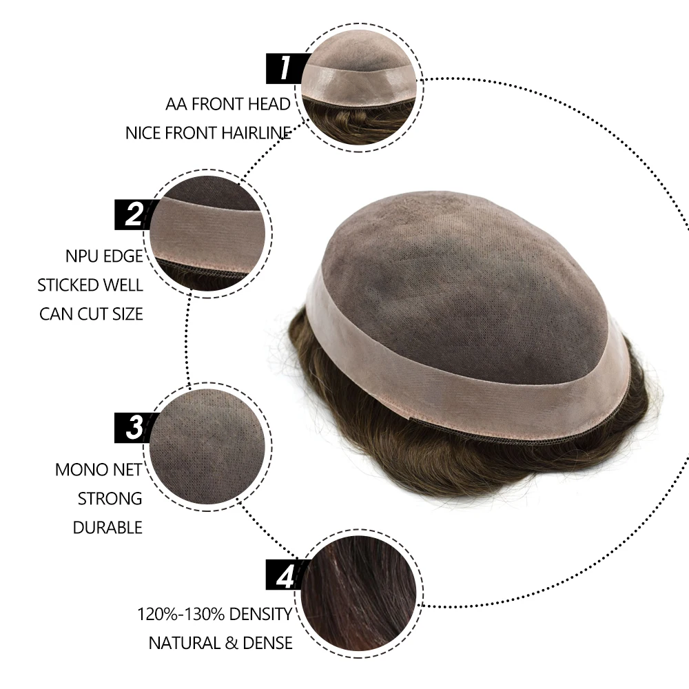 Drop Shipping Bleached Knots Mono Lace Pu Men Wig Natural Color Human Remy Hair Toupee For Men