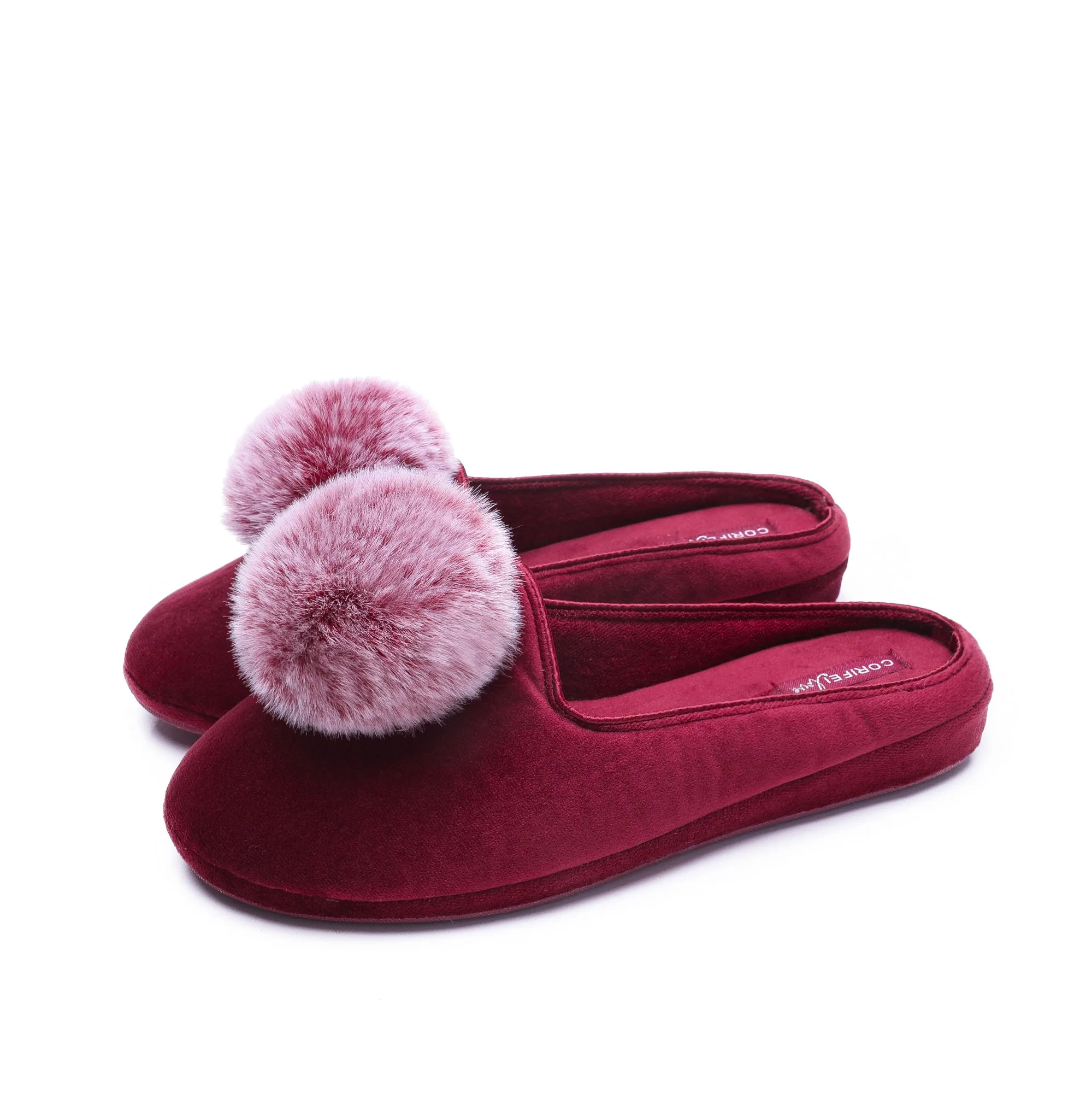CORIFEI Comfy Slip-on House Shoes with Pom Pom Faux Fur Slippers