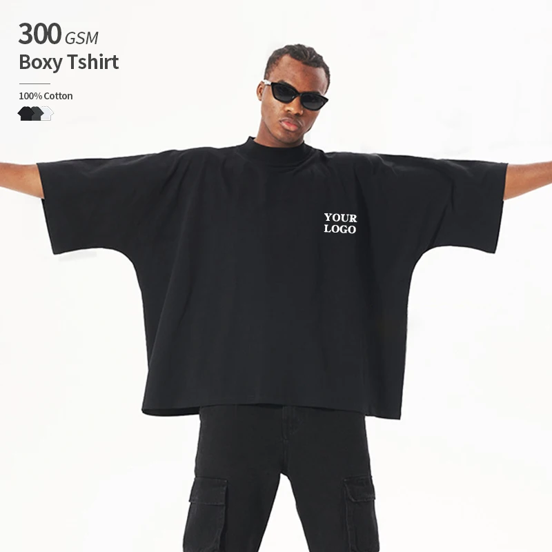 Boxy Fit 300 GSM 100% Cotton Seamless Custom Logo Small Neckline Oversize Cropped Boxy T Shirt Men