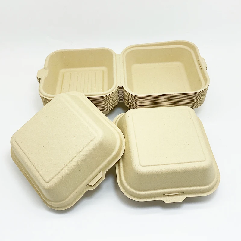 Bamboo fiber Bagasse  6 Inch Clamshell Take Away food Container to go box Burger Hamburger Box Biodegradable Food Packaging