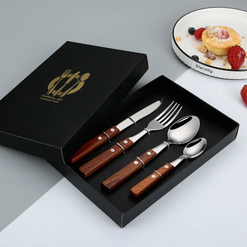 Most Popular Stainless Steel 4 pcs portable bag Knife Fork Spoon Mirror Polished Kitchen Flatware Set Wood Handle Cutlery