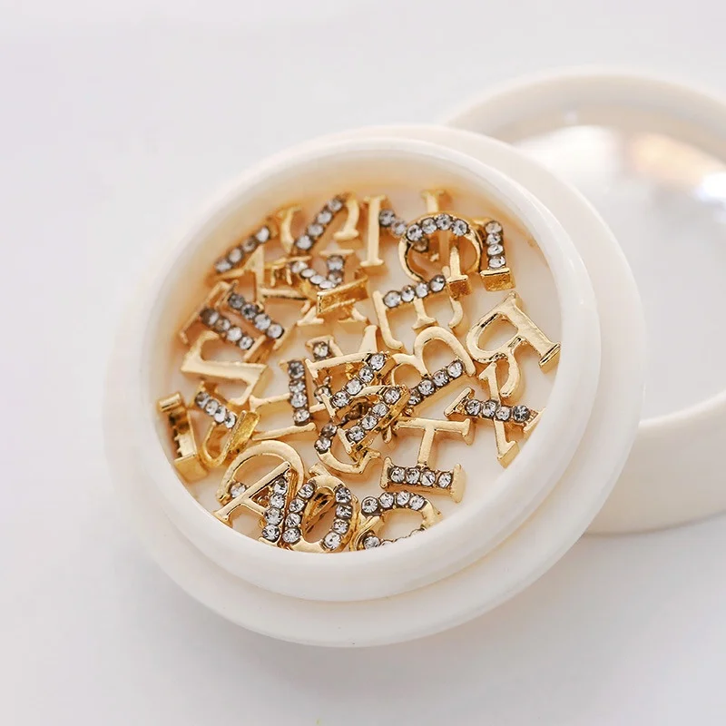 Hot sale New Type Gold Nail Crystal Rhinestone English 3D Letters Nail Art Charms Zircon Stud Box For Nails