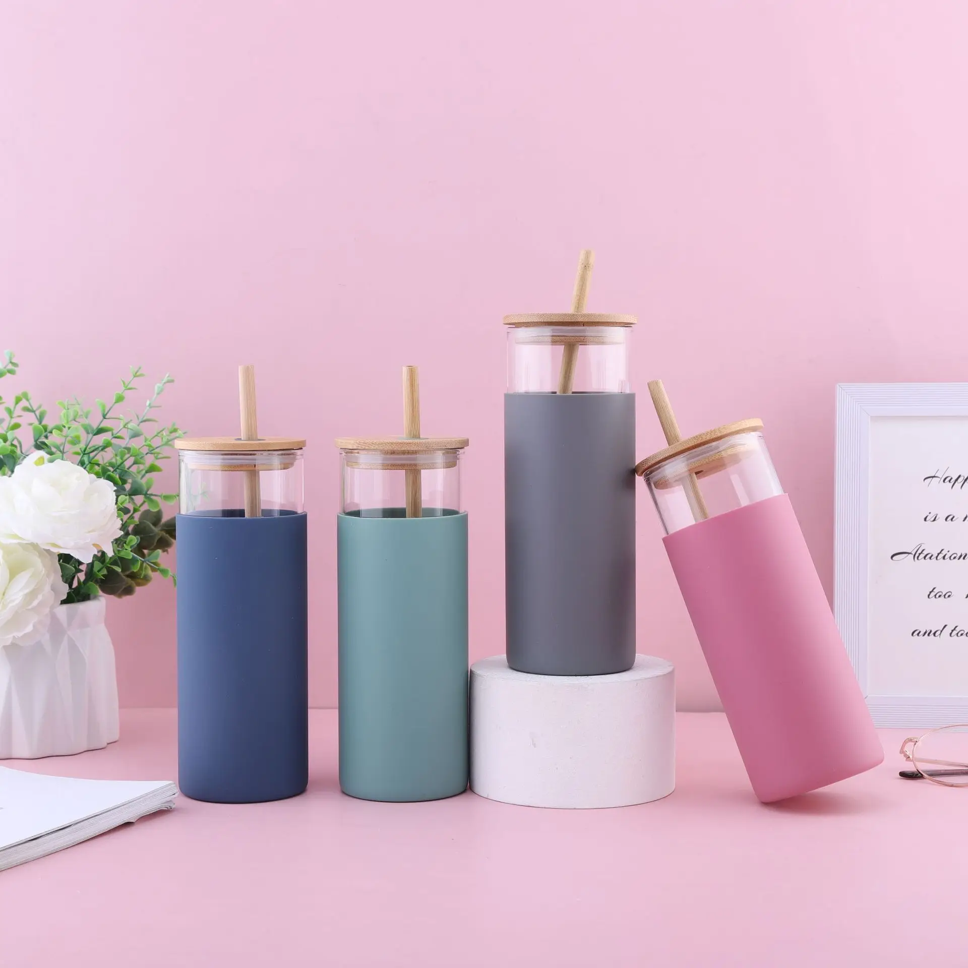 Sustainable Borosilicate Drinking Glass Cup 500ml with Bamboo Lid Espresso Cup Glass