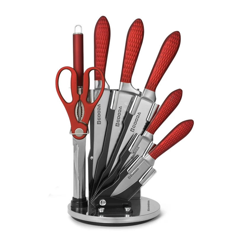 8-Piece Red Kitchen Knives Set with Rotating Stand Premium Stainless Steel Chef Knives and Scissors Cuchillo de cocina