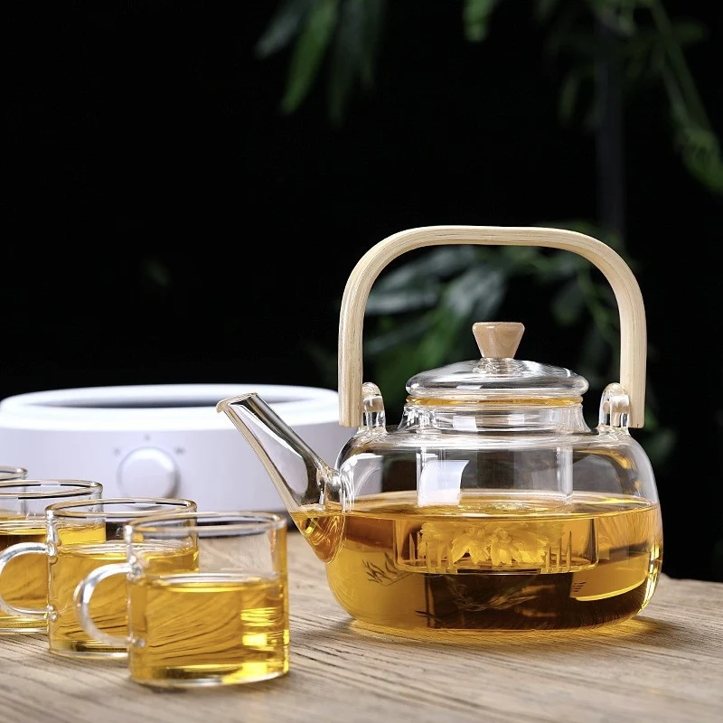 1000ML/33.5OZ Stovetop Glass Teapot With Bamboo Wooden Handle And Glass Infuser Strainer For Loose Tea