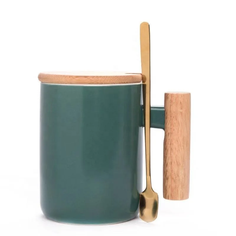 
Nordic style ceramic cup wooden handle T-shaped ceramic cup ceramic coffee cup 