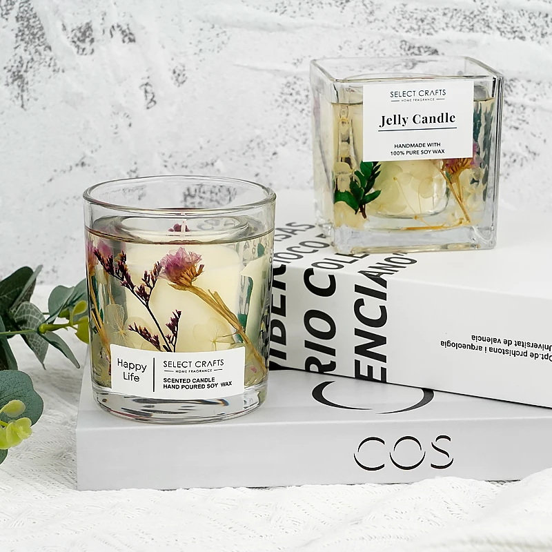 Wholesale Luxury Custom Christmas Decoration Double Glass Jar Scented Jelly Gel Soy Wax Candle with Dried Flowers Active Use