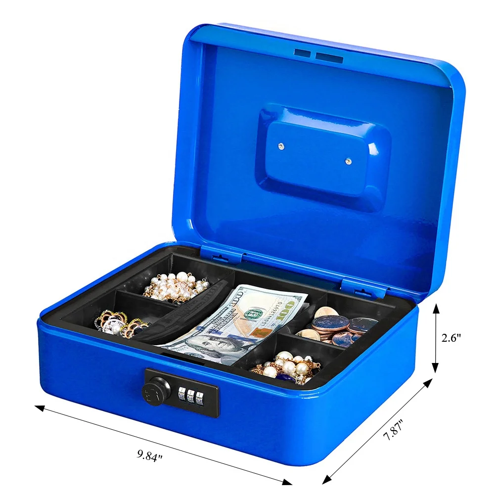 Blue color Large Cash Box with code Lock portable Money Box with Removable Coin Tray