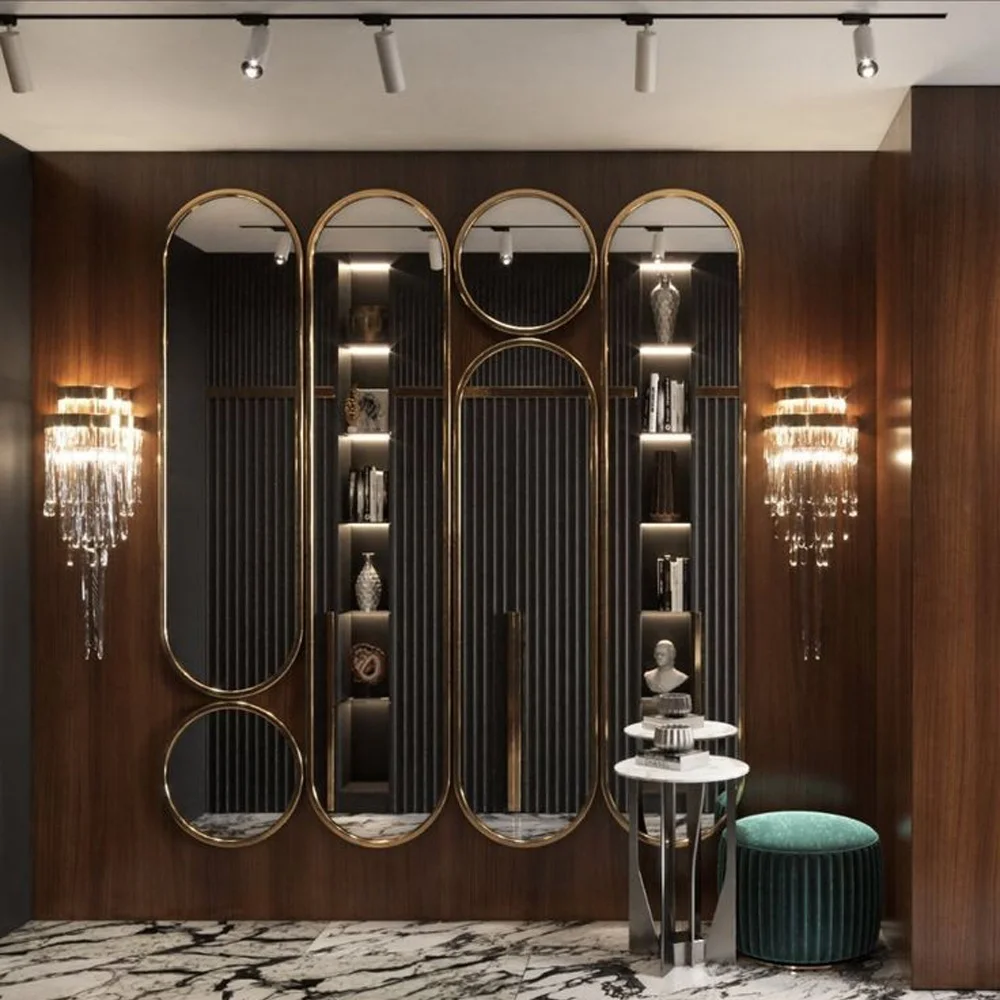 Rearview Modern Coffee Stand Gold Wooden Camera Touch Length Kitty Cabinet Costume Retail Convex Big Wall Mirror