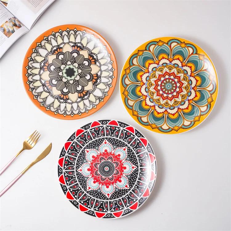 Popular Gift Items Customized Printing Morocco Bohemia Design Decorative Round Ceramic Large Plate Porcelain