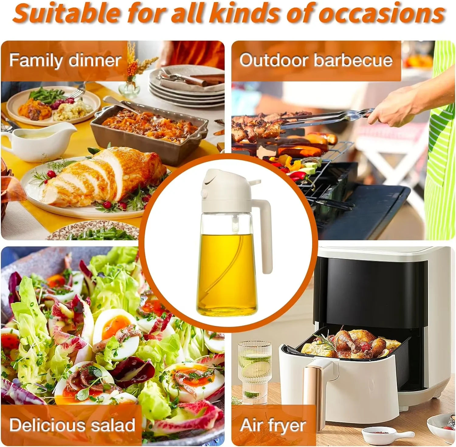 Kitchen 2-in-1 470ml Glass Bottle 16oz Dispenser for Olive Oil Vinegar Baking and Cooking Mist Sprayer for Food and BBQ