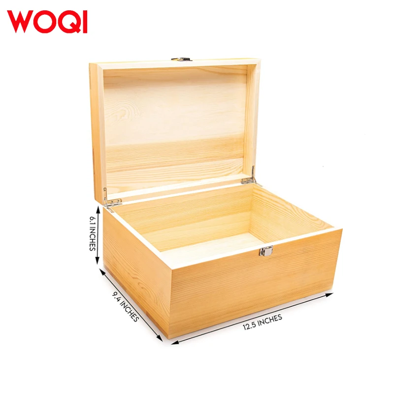 WOQI Craft Unfinished Solid Wood Tea Gift Packaging Wooden Box Windproof Storage with Hinged Lid and Front Lock