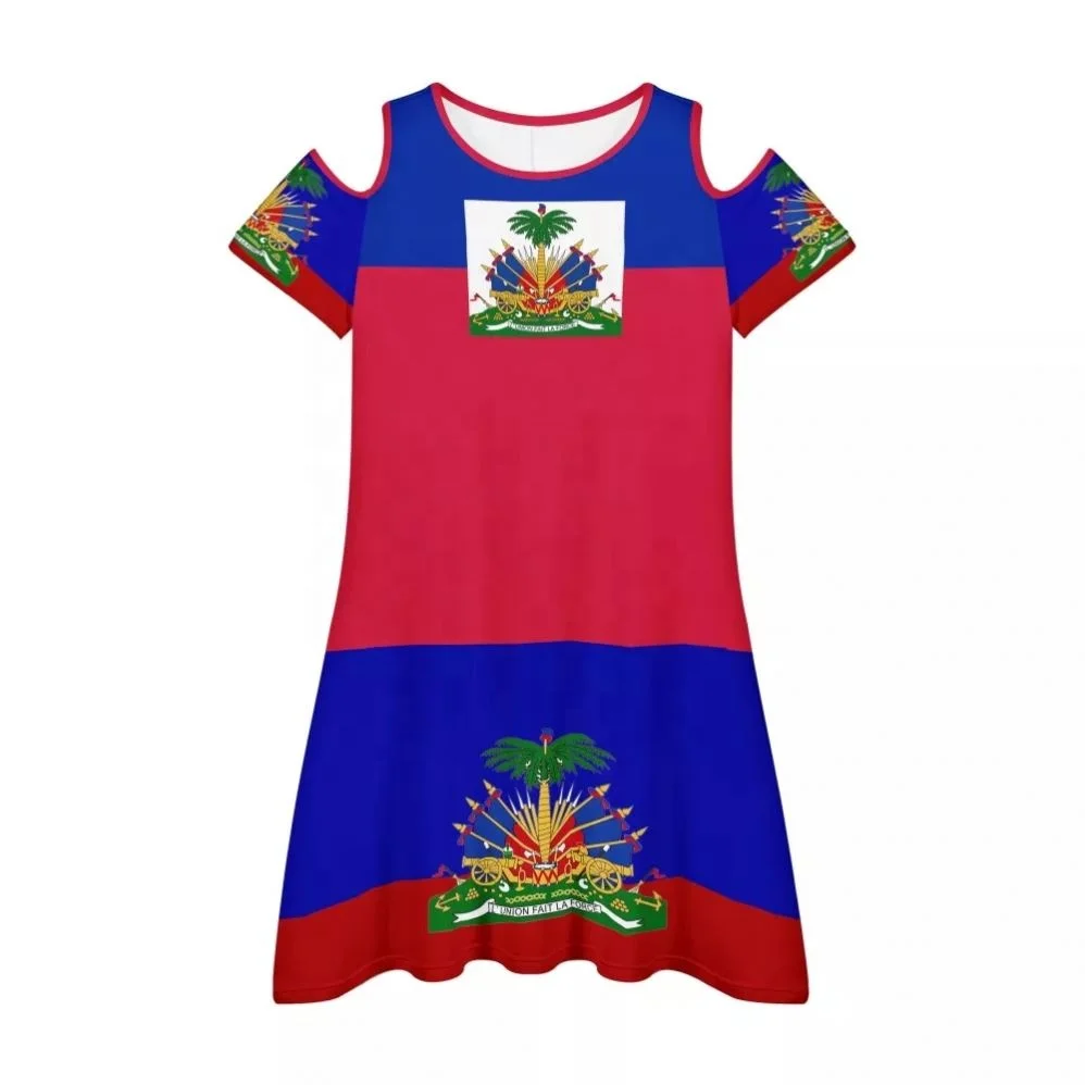 Haiti Flag Blue/Red Print Dresses for Women Trendy Cold Shoulder Large Off Shoulder Dress Plus Summer Dresses Ladies Women 2021