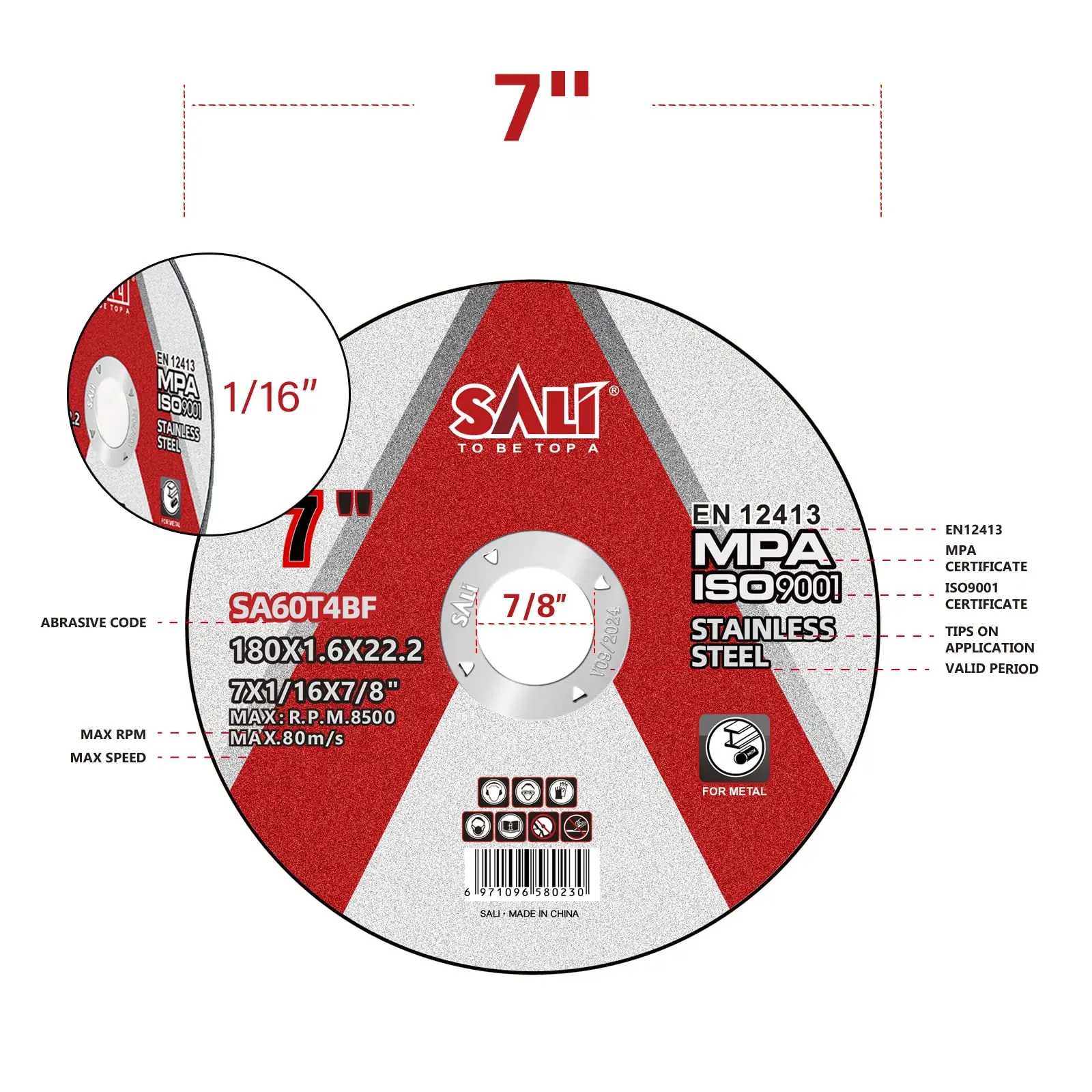 SALI 180 mm cut off wheel high quality abrasive tool 7 inch inox cutting disc for stainless steel