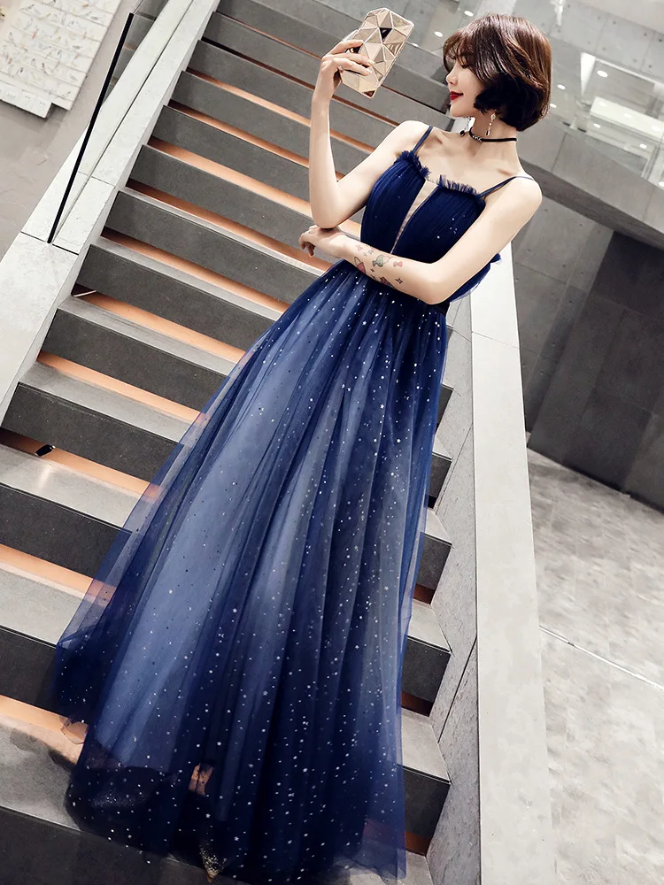 Real Picture Luxury Navy Blue Special Occasion Ball Gown Tulle Fully Beaded Evening Dress