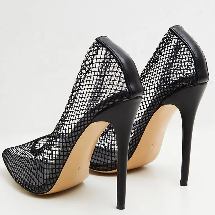 Women Sexy Fishnet Stiletto Dress Shoes Black Grid Mesh Pumps Ladies Pointed Toe High-heeled Slip on Footwear