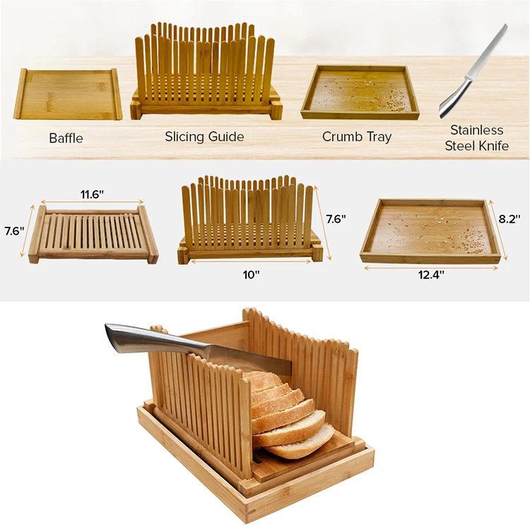 Premium Bamboo Bread Slicer With Stainless-Steel Knife Wood Cutting Guide with Crumb Tray For Homemade Bread, Cake, Bagels