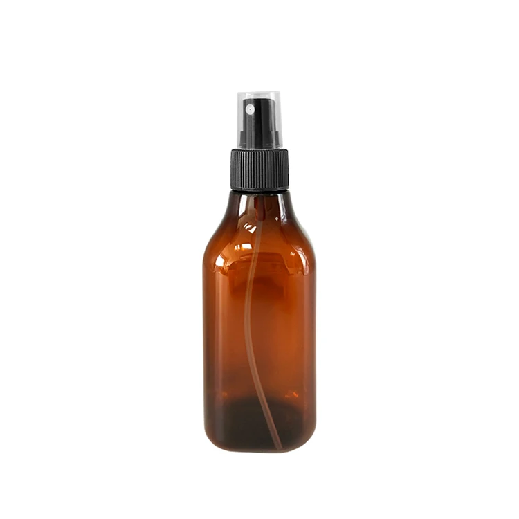 Hot Sale 200Ml Amber Pet Plastic Square Cosmetic Spray Pump Bottle With Plastic Spray