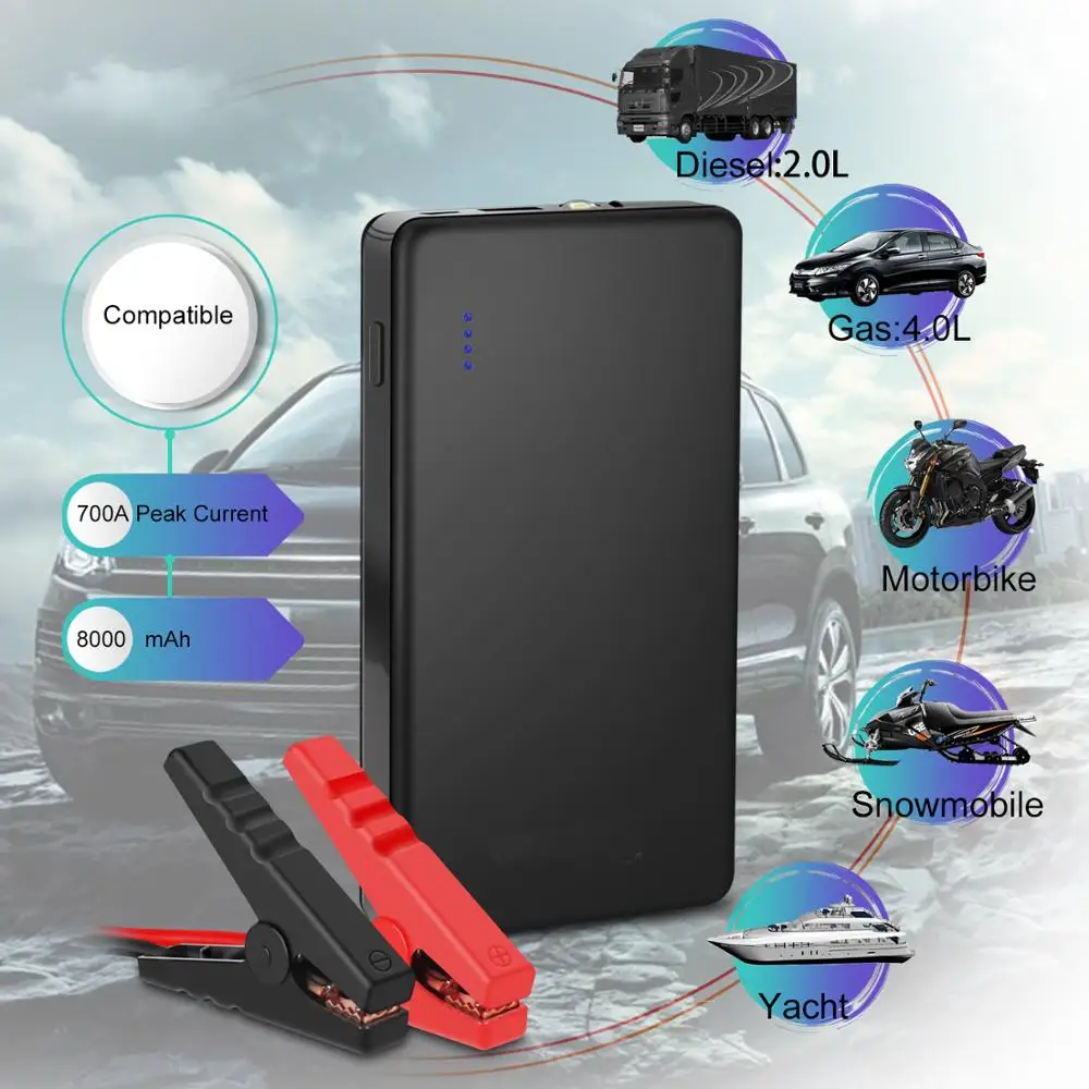 Multi-functional Best Portable 700A Peak 12V 8000mAh Car Jump Starter Up to 4.0L Gas or 2.0L Diesel Engine Power