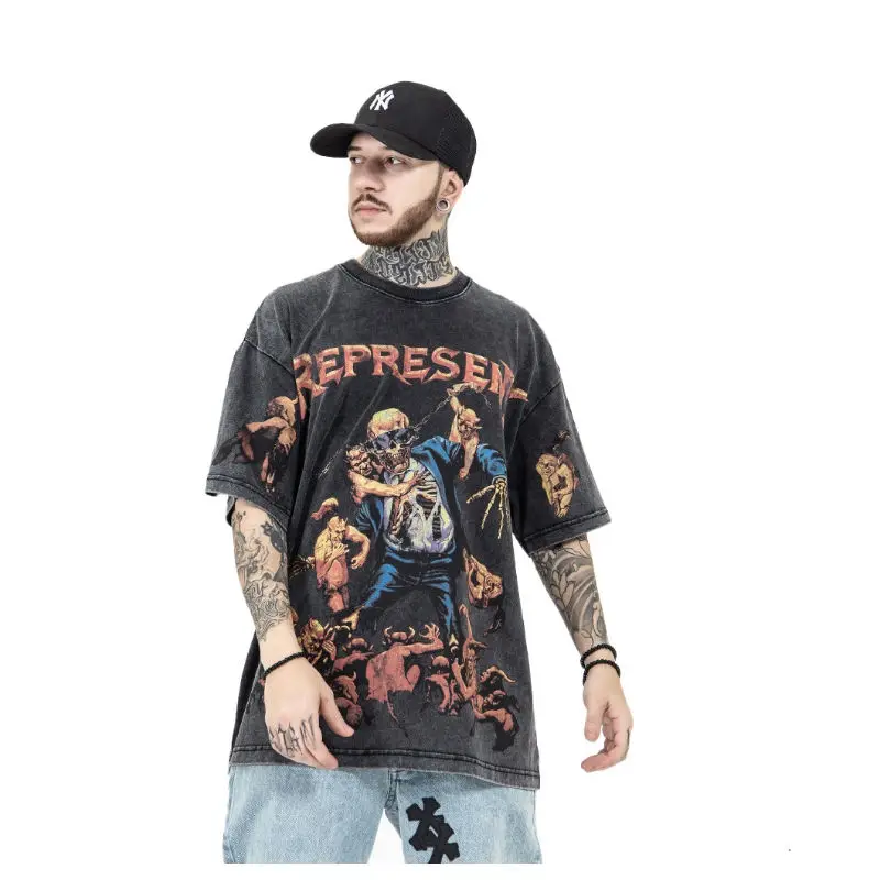 Custom 100% Cotton Men Blank Streetwear T-shirt Washed Vintage Graphic T Shirt Mens Distressed Look Acid wash t shirts wholesale