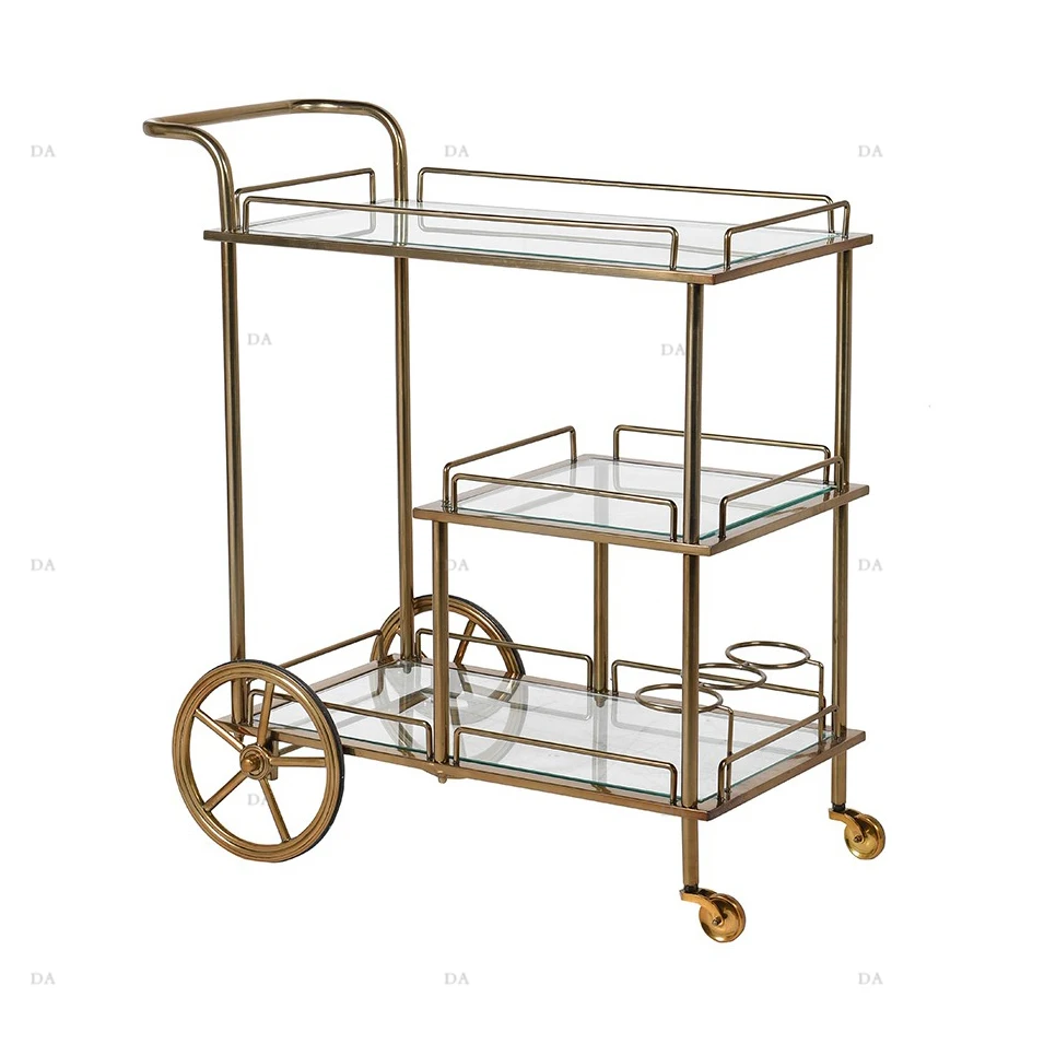 Hotel Restaurant Decorative Metal Bar Trolly 2 Tier Golden Metal Bar Cart Wine Serving Hotel Kitchen Moving Trolly with Wheel