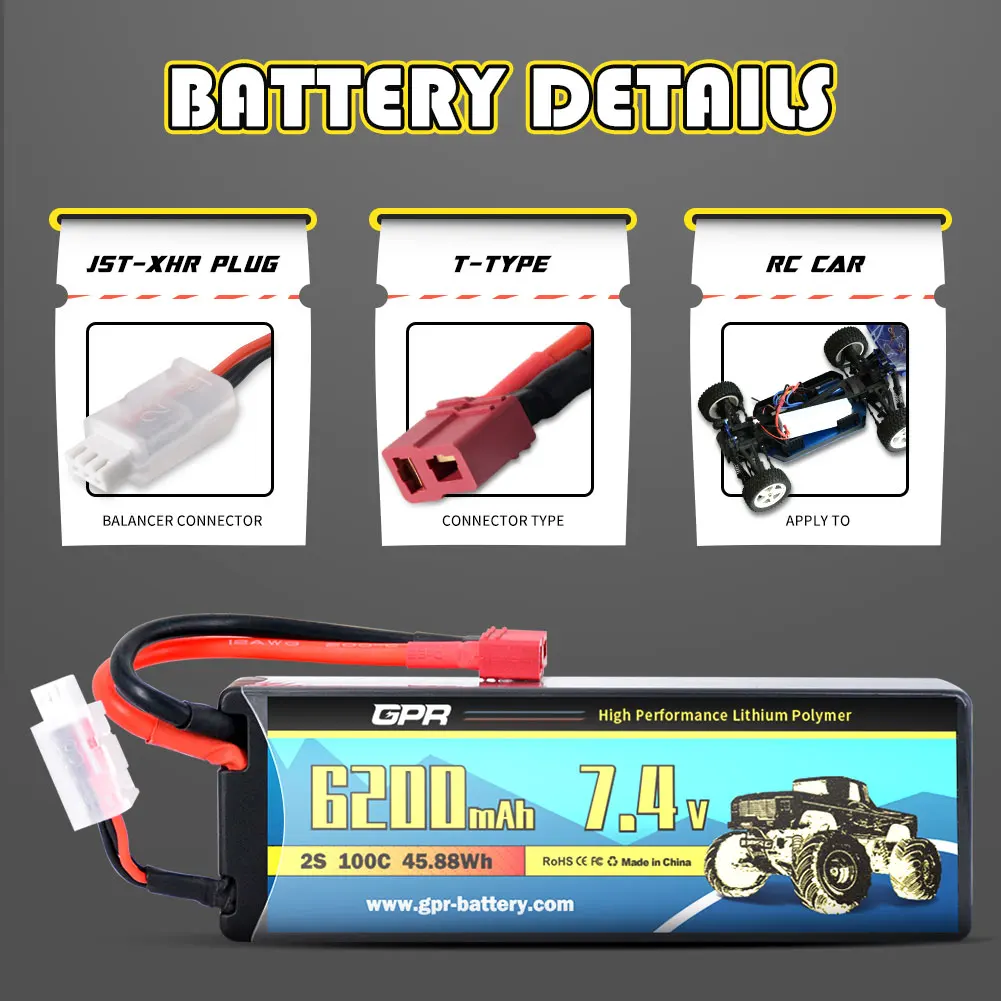 Rechargeable GPR 6200 mAh 2S High Discharge Rate 100C 7.4V Lipo Battery With T Plug Connector For RC Helicopter Racing Car