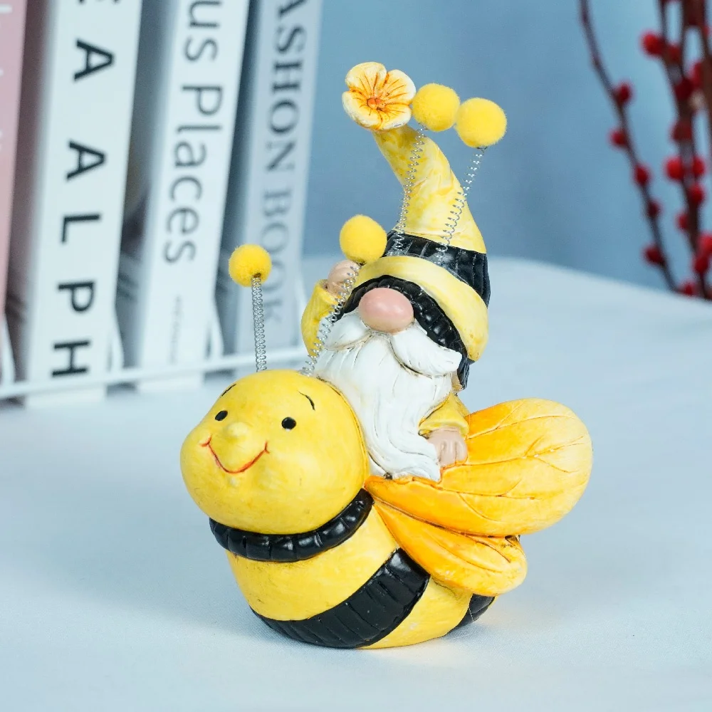 2023 Garden Gnome Statue Resin Spring Bee Gnome Figurine Siting on the bee for Lawn Ornaments Outdoor Decoration