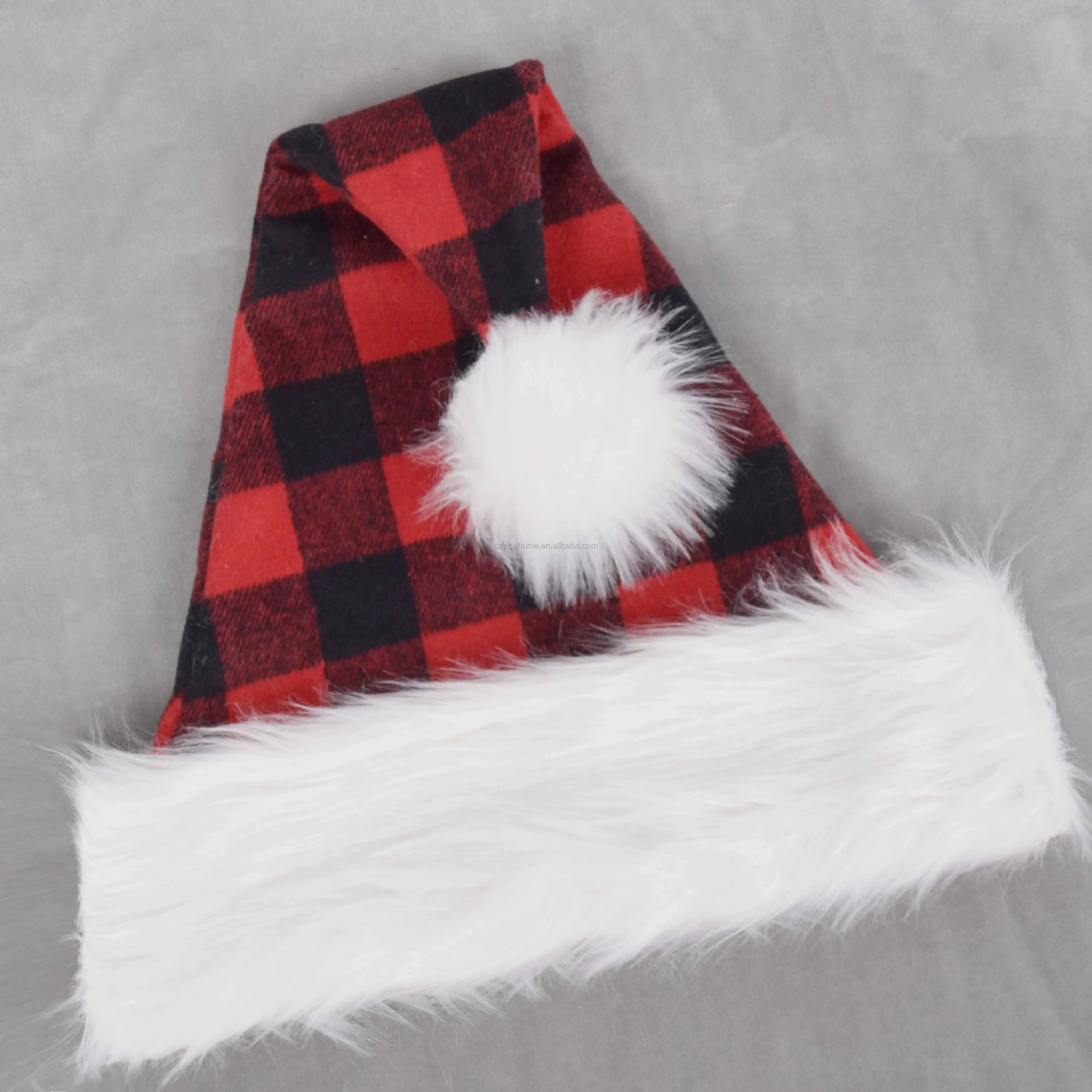 Забавное украшение на заказ, шапки Санта-Клауса в красно-черную клетку для рождественской вечеринки с белым мехом и помпоном
