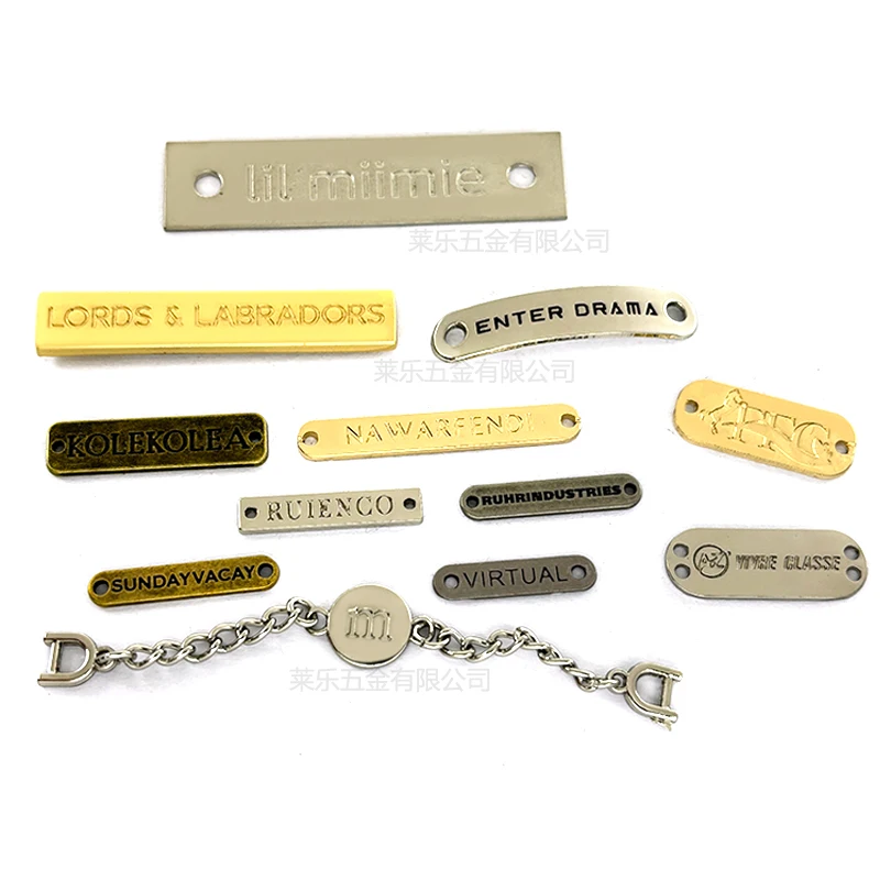 Custom logo swimwear metal accessory gold sewing tags zinc alloy engraved letter brand logos metal label for clothing bikini