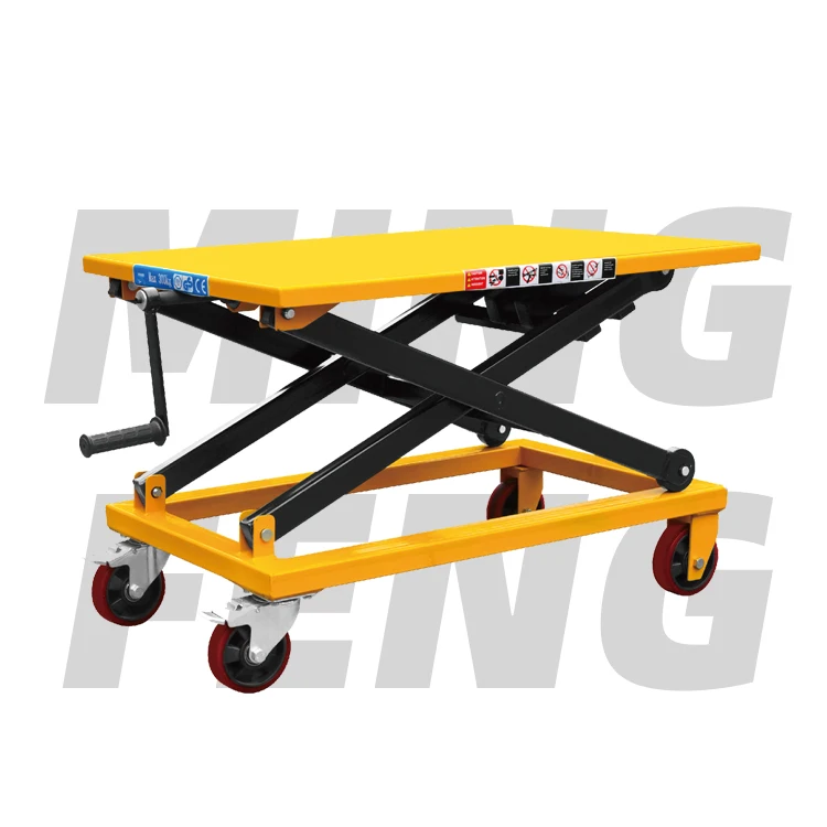 
mingfeng high quality Manual hand Hydraulic mobile Lift Table cart Double Scissor 500kg for factory Workshop 