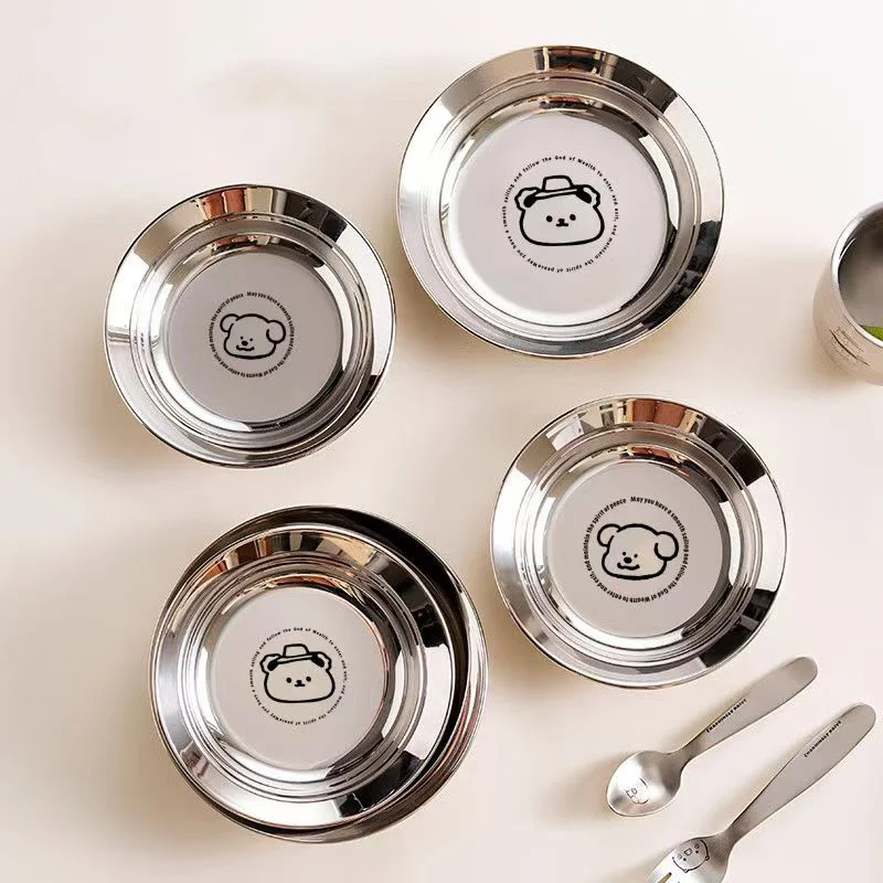 SUS304 Cartoon Printed Pattern Stainless Steel Dishes Candy Cake Snack Tray Round Dining Plate For Kids