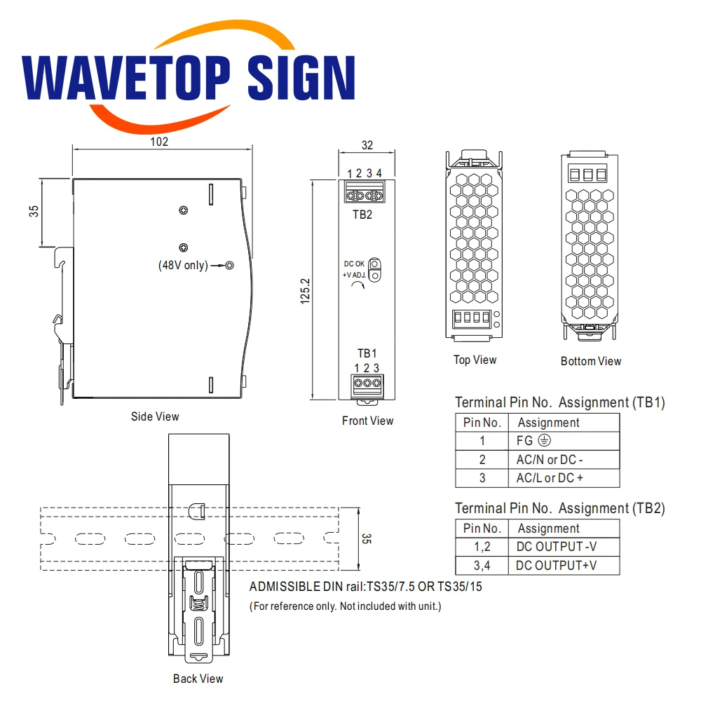 WaveTopSign Original MeanWell 75W Rail Switch Power Supply NDR-75 12V 6.3A / 24V 3.2A / 48V