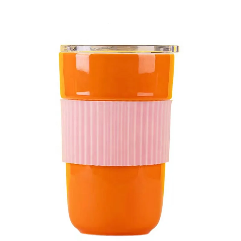 14oz Ceramic travel coffee mug with clear plastic lid and silicone sleeve,  ceramic to go coffee tumbler variety colors.