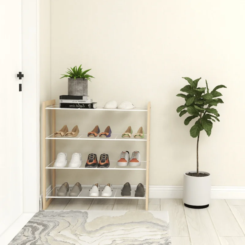 4-Tier shoe rack wooden, Industrial Shoe Storage Organizer with 3 Metal Mesh Shelves, Ideal for Entryway, Hallway, Bedroom