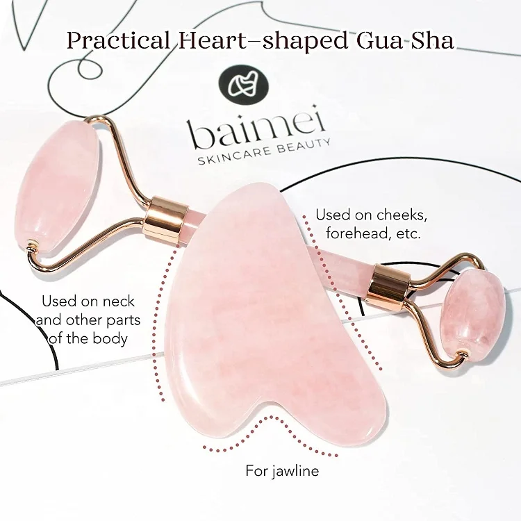 Custom Logo 2 in 1 Natural Jade Facial Massage Pink Crystal Quartz Roller Gua Sha Set With Box